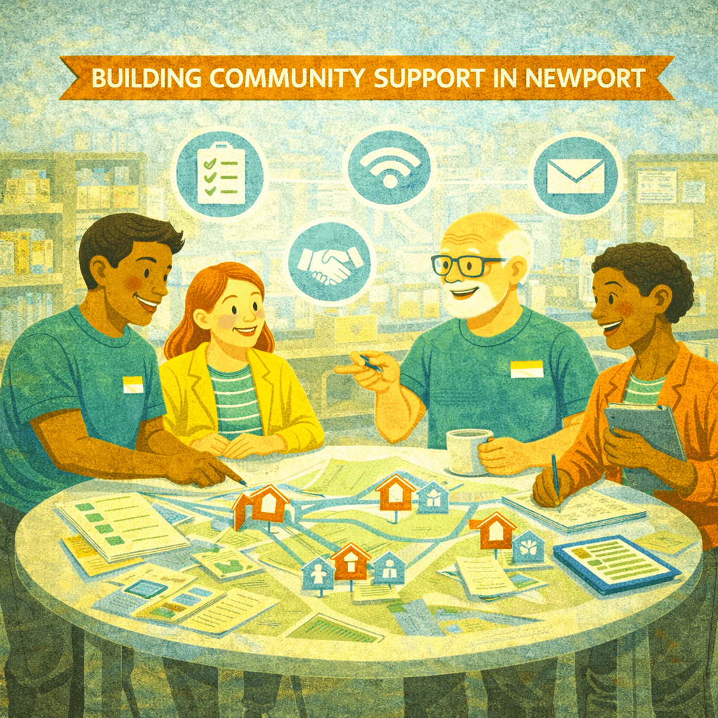 Illustration of a diverse group of people planning community support around a table with a town map. They discuss ideas, point to locations marked with small house icons, and take notes. Above them are symbols for coordination, connectivity, communication, and partnership, with a banner reading ‘Building community support in Newport.