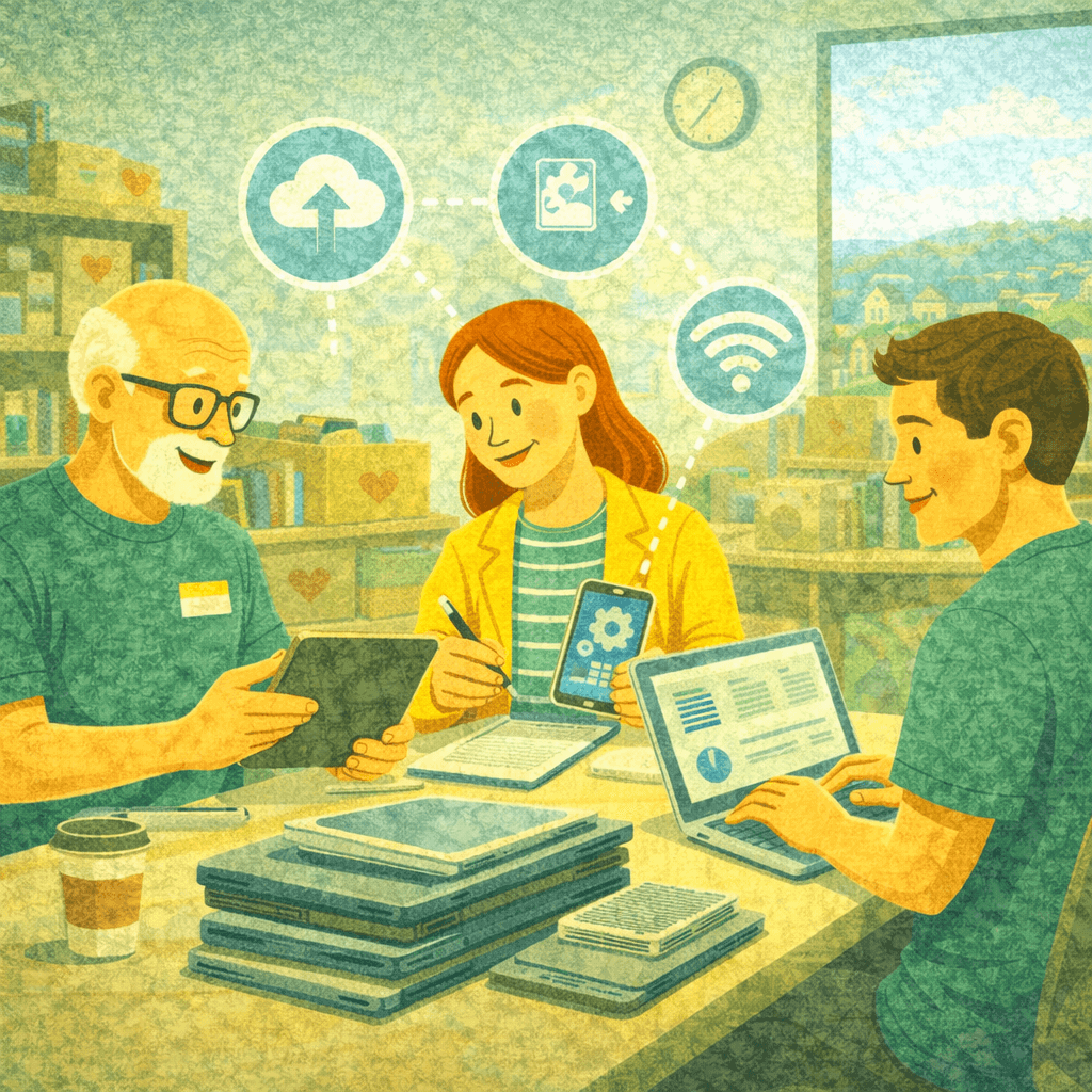 Illustration of a small nonprofit team working together at a table with digital devices. One person writes notes, another uses a tablet, and a third works on a laptop, while icons for cloud storage, data sharing, and connectivity appear above them. Boxes of donations and shelves in the background suggest organised, tech-enabled community work.