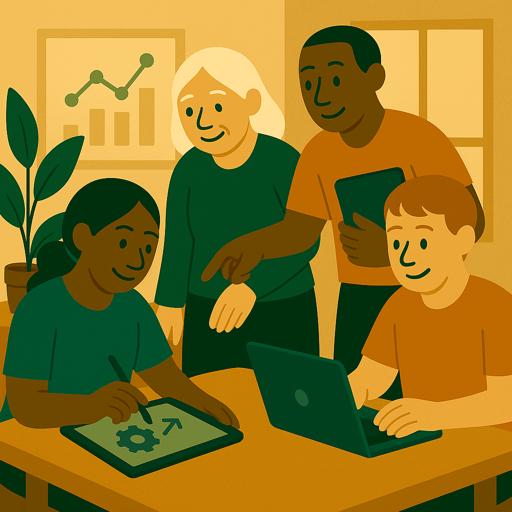 Illustration of a group of volunteers collaborating indoors. One person draws a gear and arrow icon on a tablet, another works on a laptop, while two others stand nearby offering guidance and holding a tablet. A framed chart with rising data hangs on the wall, suggesting planning, strategy, and teamwork.