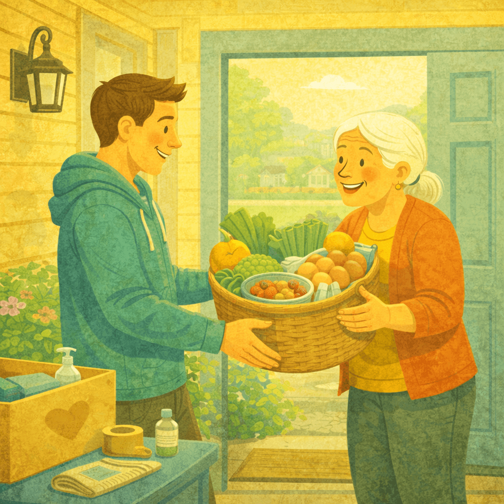 Illustration of a young volunteer delivering a basket of groceries to an older woman at her front door. They smile at each other as she receives fresh food, with a box of care supplies nearby and greenery outside, showing neighbourly support and community care.