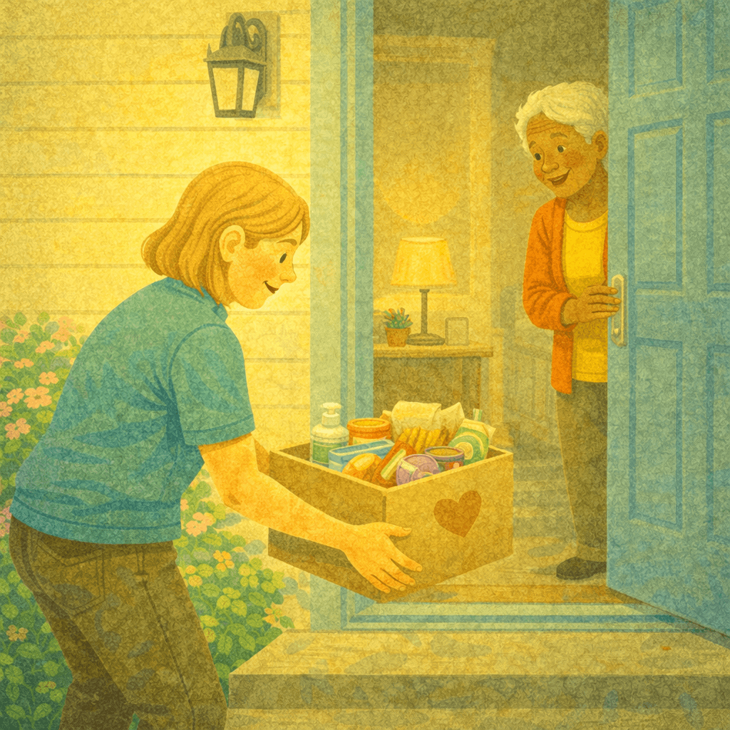 Illustration of a volunteer delivering a box of essential supplies to an older woman at her doorstep. The woman smiles from inside her home as the volunteer carefully hands over the box, with flowers outside and warm light inside, representing kindness, support, and neighbourly care.