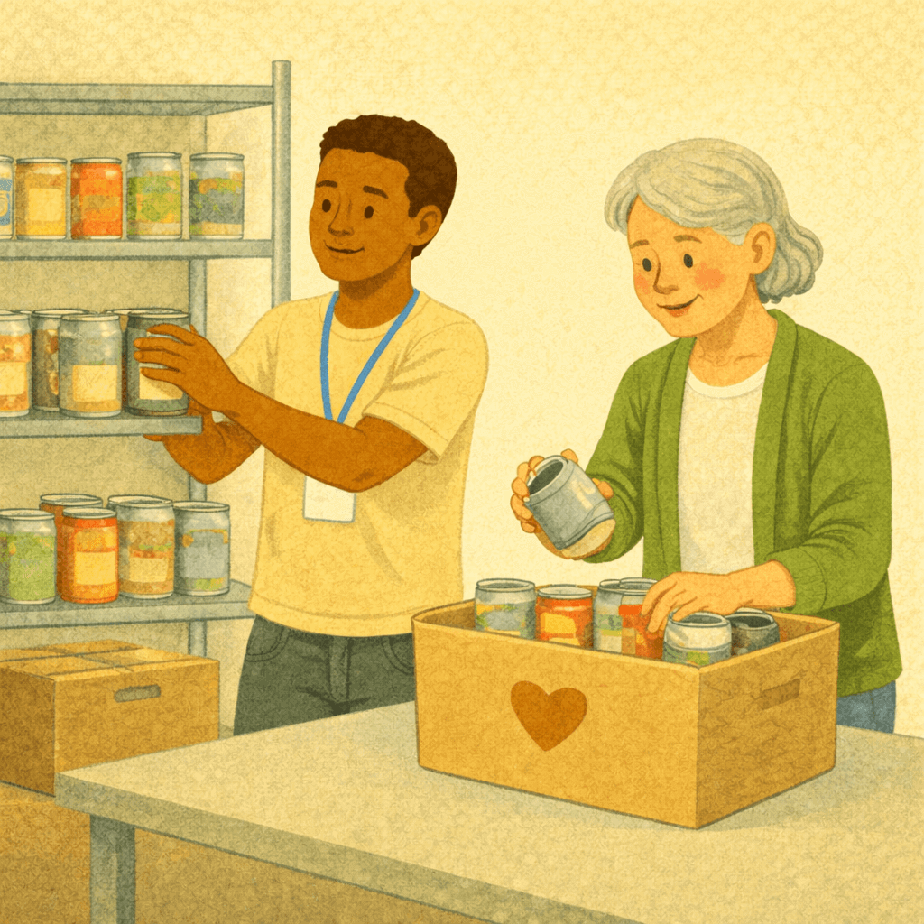 Illustration of a volunteer delivering a box of essential supplies to an older woman at her doorstep. The woman smiles from inside her home as the volunteer carefully hands over the box, with flowers outside and warm light inside, representing kindness, support, and neighbourly care.