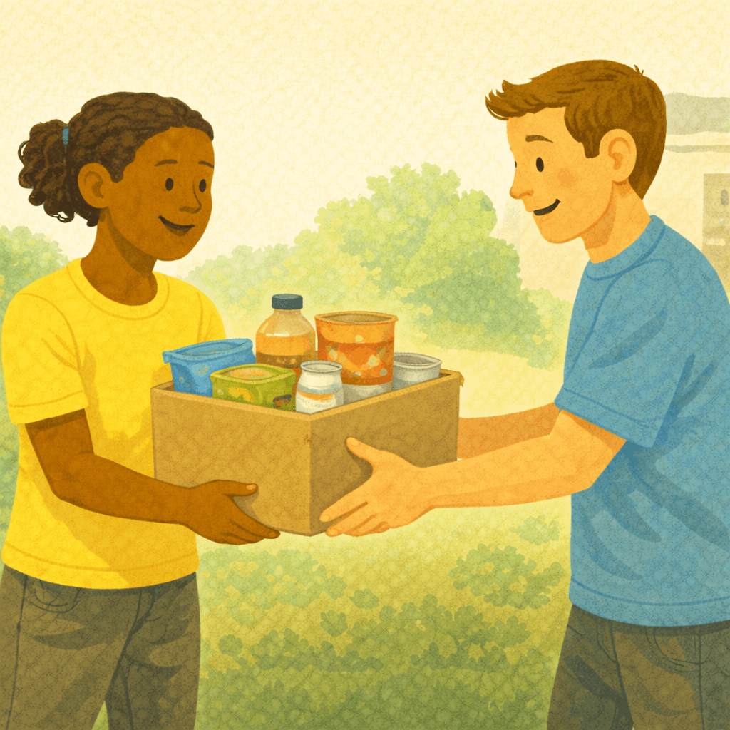 Illustration of two people exchanging a box of food outdoors. One person hands over a box filled with groceries and canned items while the other receives it with a smile. Soft greenery in the background suggests mutual aid, sharing, and community support.