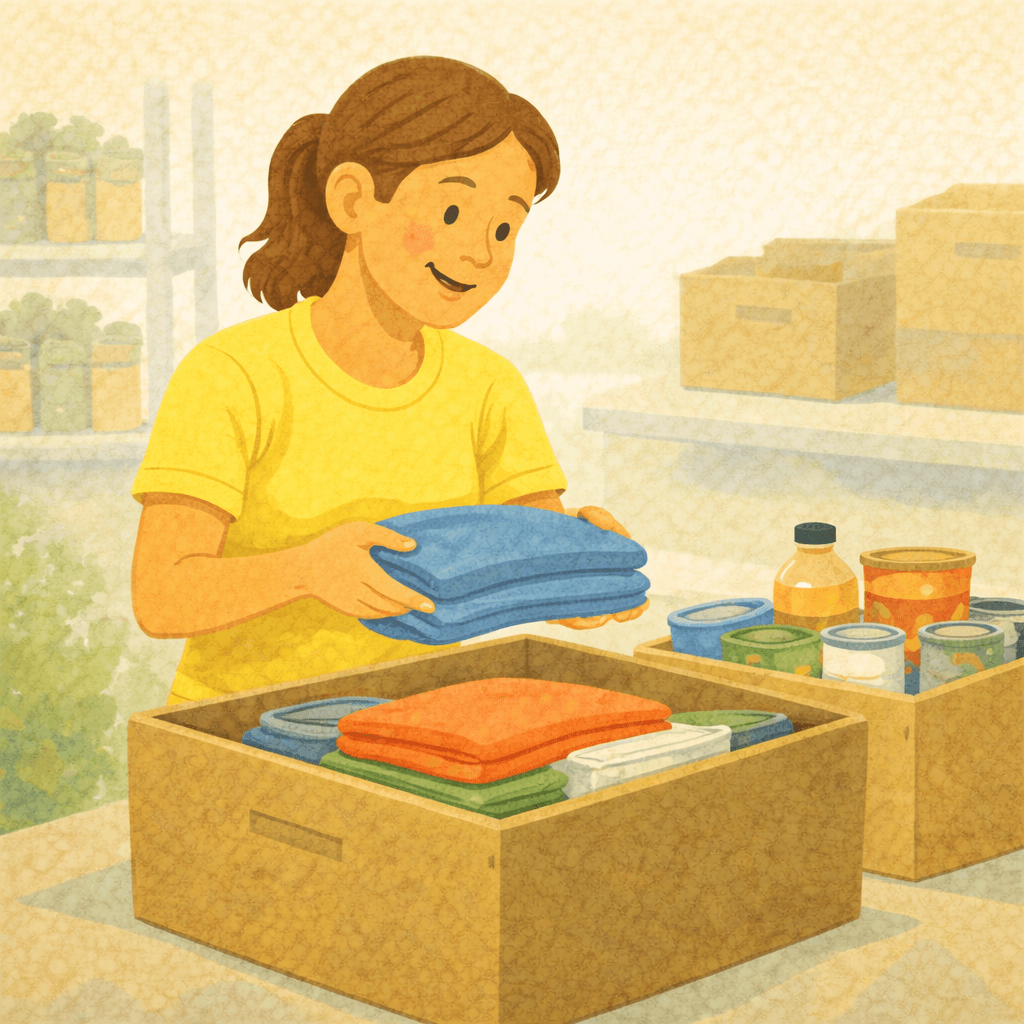 Illustration of a volunteer packing donated supplies. A person places neatly folded towels into a box alongside food and household items, with shelves and additional boxes in the background, showing careful organisation and community support.
