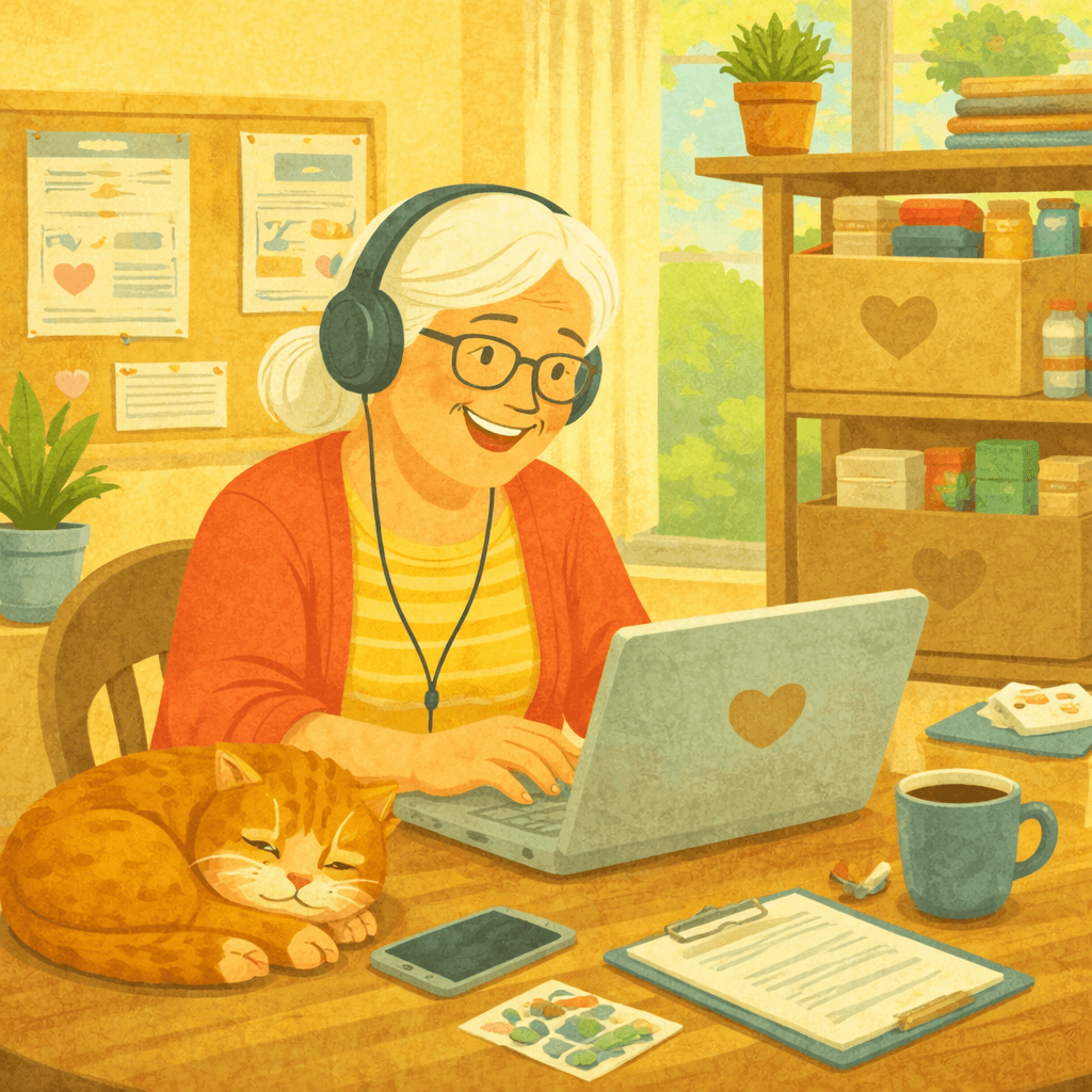 Illustration of an older woman working on a laptop from home, wearing headphones and smiling. A cat sleeps on the desk beside her, with a cup of coffee, phone, and notes nearby. Shelves with organised supplies and soft sunlight through the window create a calm, home-based volunteering or remote work setting.