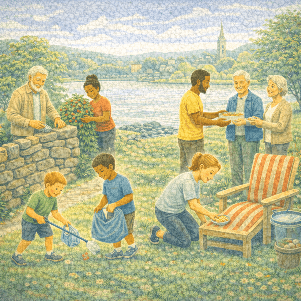 Illustration of a riverside community gathering where people of different ages volunteer together outdoors. Children collect litter, adults prepare and share food, and others garden and repair a stone wall. A peaceful town with trees and a church spire appears in the background, symbolising cooperation, care, and local community support.