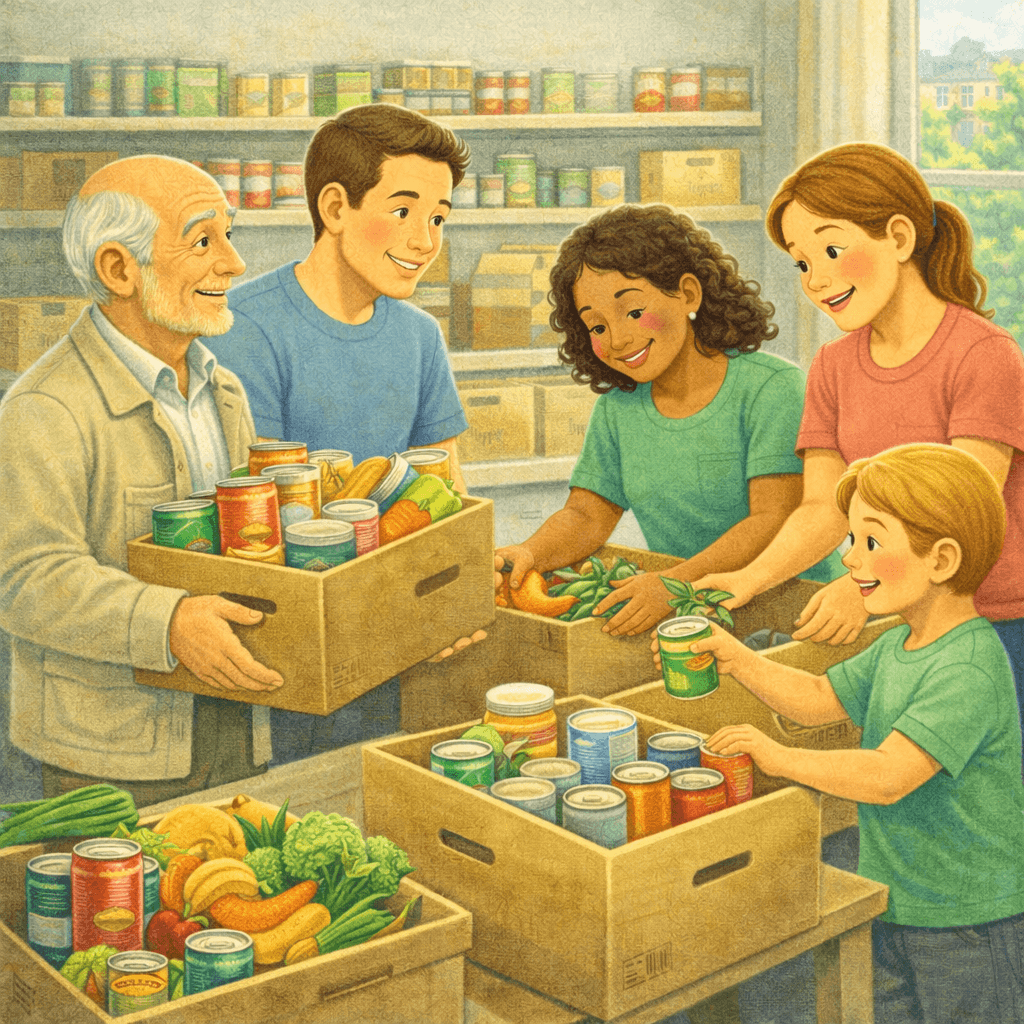 Illustration of a multigenerational group sorting donated food in a community pantry. An older man holds a box of canned goods while adults and children organise vegetables and tins into cardboard boxes. Shelves of supplies line the background, highlighting teamwork, generosity, and local food support.