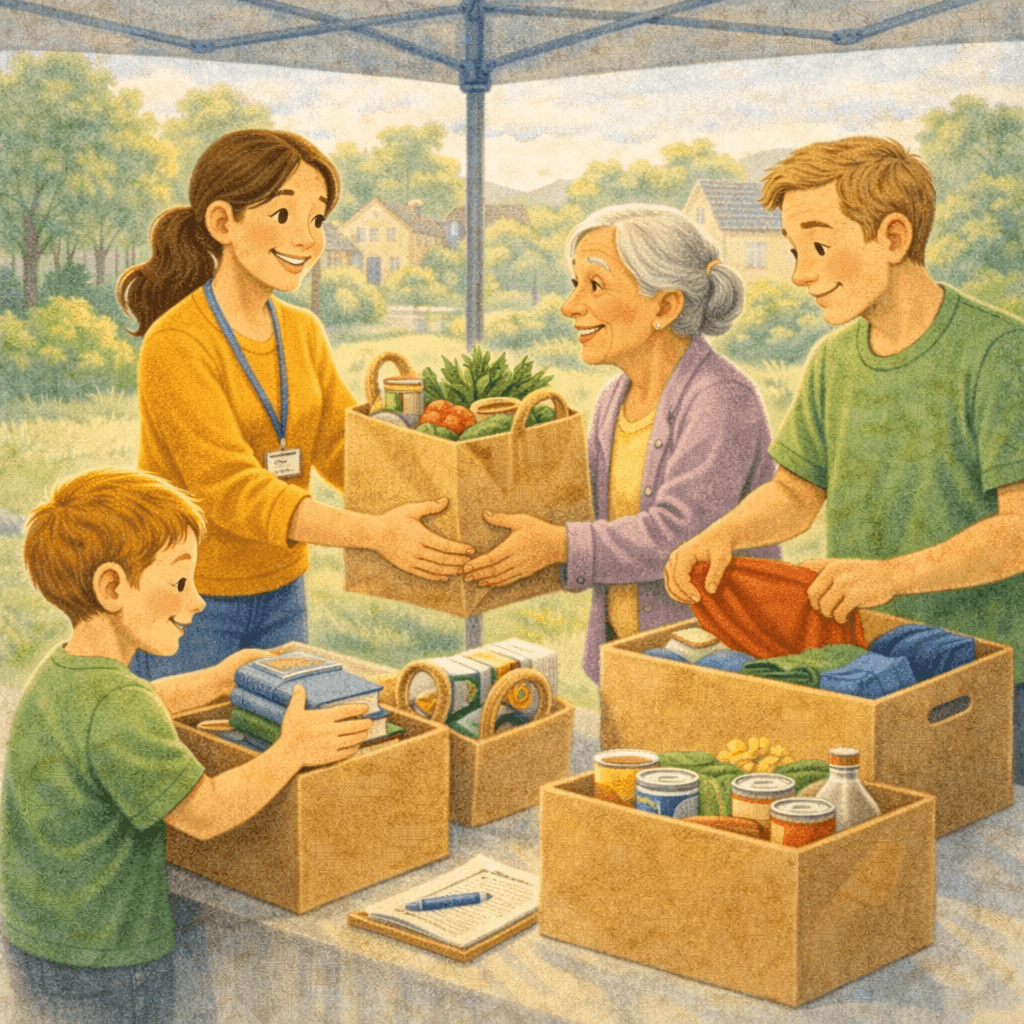 Illustration of volunteers organizing and distributing donated supplies at a community stand. A young woman hands a grocery bag filled with fresh produce to an elderly woman, while two boys sort clothing and canned goods into labeled boxes. The scene highlights intergenerational support, kindness, and local community care.