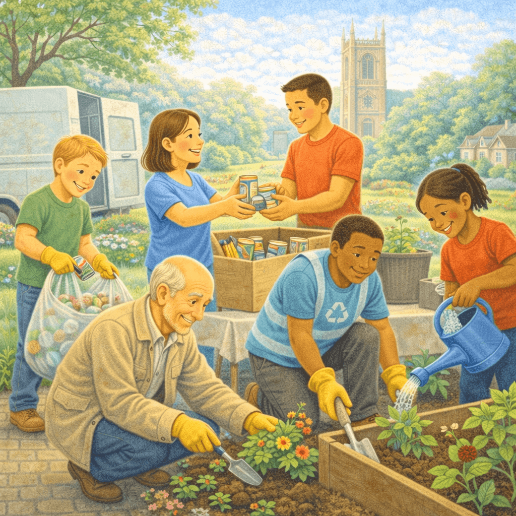 Illustration of a diverse group of volunteers working together in a community garden. Adults and children plant flowers, water seedlings, and sort donated cans into boxes, while a van and a church tower appear in the background. The scene highlights teamwork, recycling, food support, and local community care.