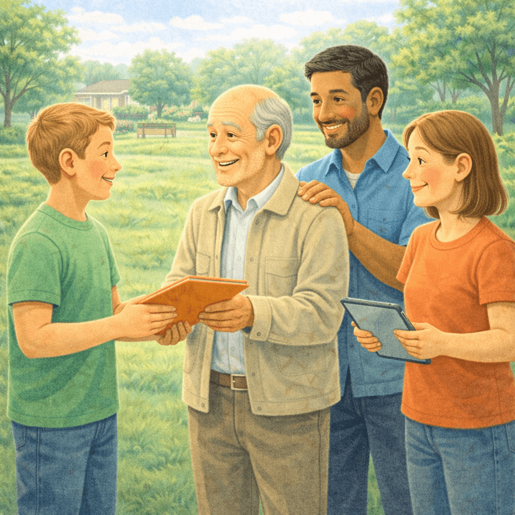 Illustration of three adults and a boy standing together in a park. The boy hands a tablet to an elderly man, while another adult gently rests a hand on the man’s shoulder and a woman holds a second tablet. The scene represents intergenerational learning, digital inclusion, and supportive community connection.
