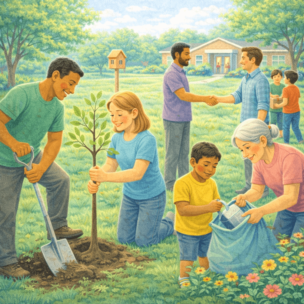 Illustration of a diverse group of volunteers working together in a community park. Adults and children plant a young tree, water flowers, and collect litter into bags, while two people shake hands near a community building in the background. The scene represents environmental care, cooperation, and neighborhood partnership.