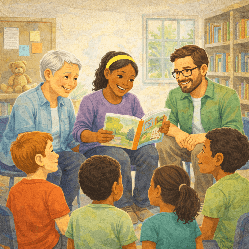 Illustration of a community reading circle where adults and children sit together while a young woman reads from a book. An older woman and a man listen alongside several children in a cozy room with shelves and toys, representing learning, mentorship, and shared storytelling in a supportive community space.