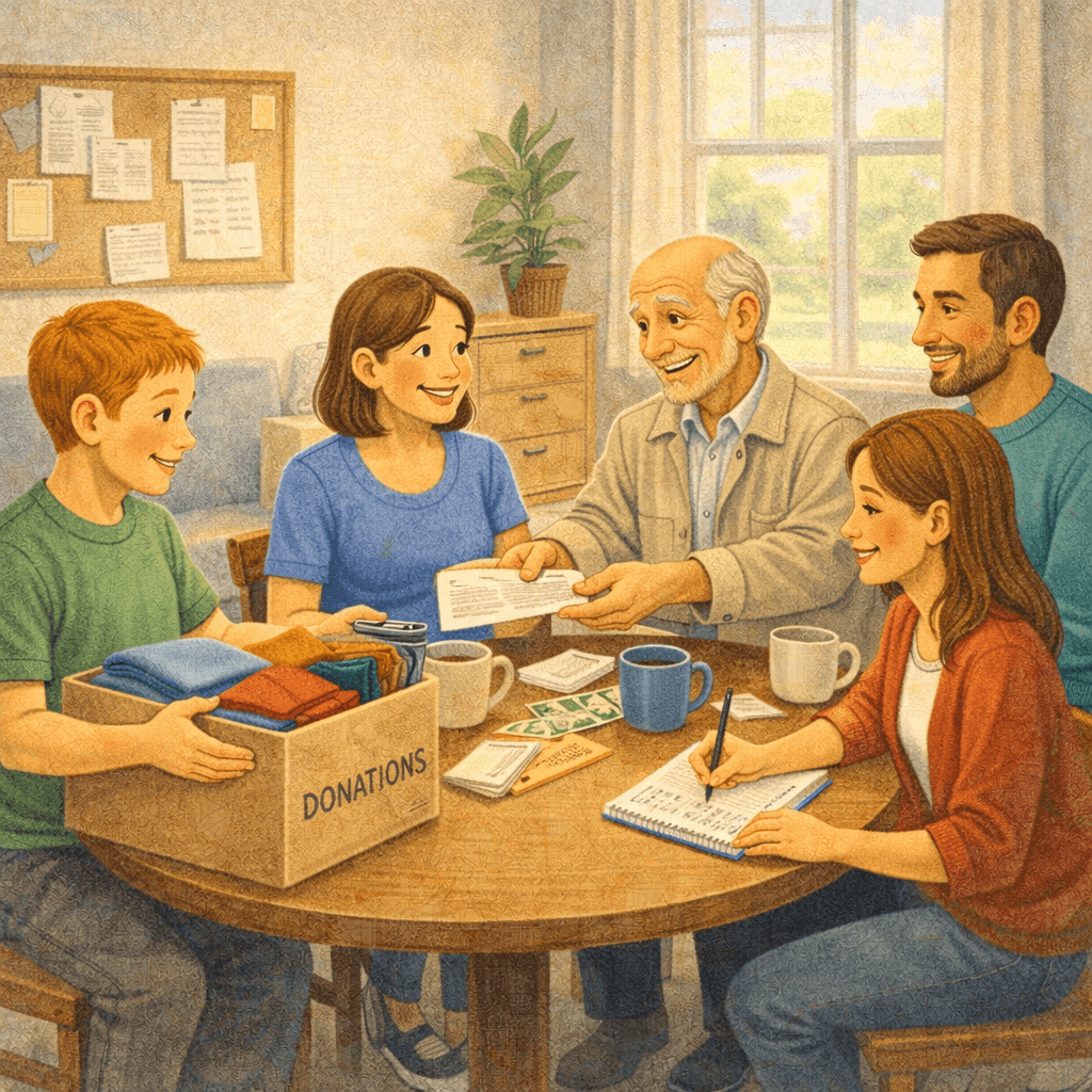 Illustration of a small community group organizing donations around a table. A boy holds a box labeled ‘Donations’ filled with folded clothes while an older man hands over a contribution envelope. Others record notes and review funds, symbolizing transparent community fundraising, cooperation, and shared support.