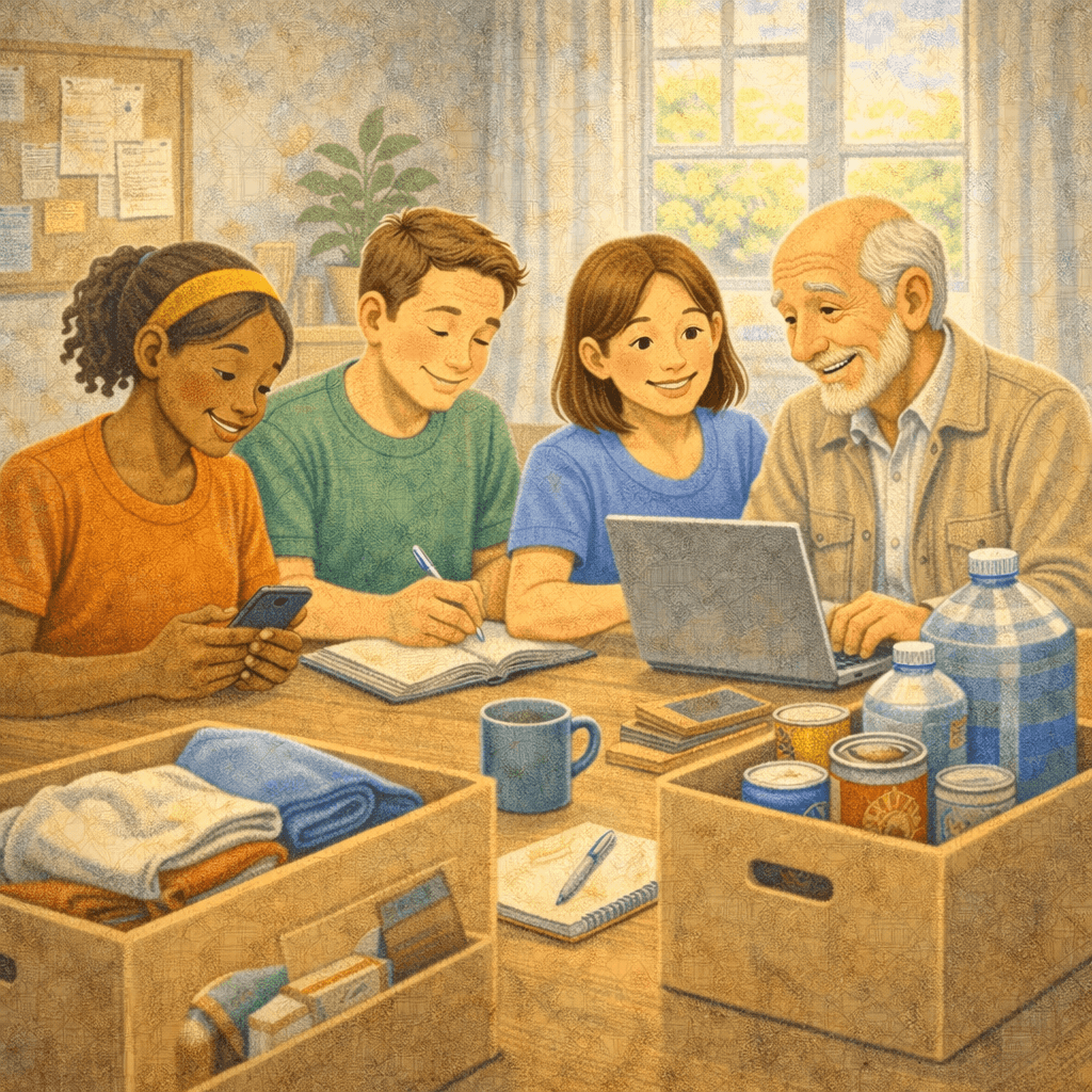 Illustration of a small group of volunteers planning a community aid effort around a table. An older man uses a laptop while others take notes and check messages on a phone. Boxes with clothes, food, and supplies sit nearby, symbolizing coordination, digital tools, and organized community support.