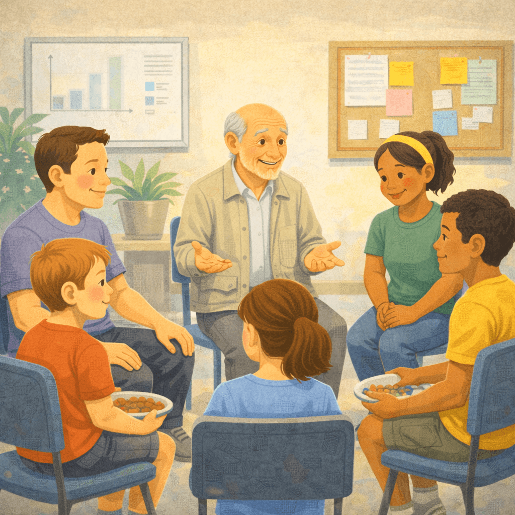 Illustration of a small community discussion group where an older mentor speaks with several children and teenagers sitting in a circle. The participants listen and share ideas in a supportive meeting space with charts and notes on the wall, symbolizing mentorship, learning, and community dialogue.
