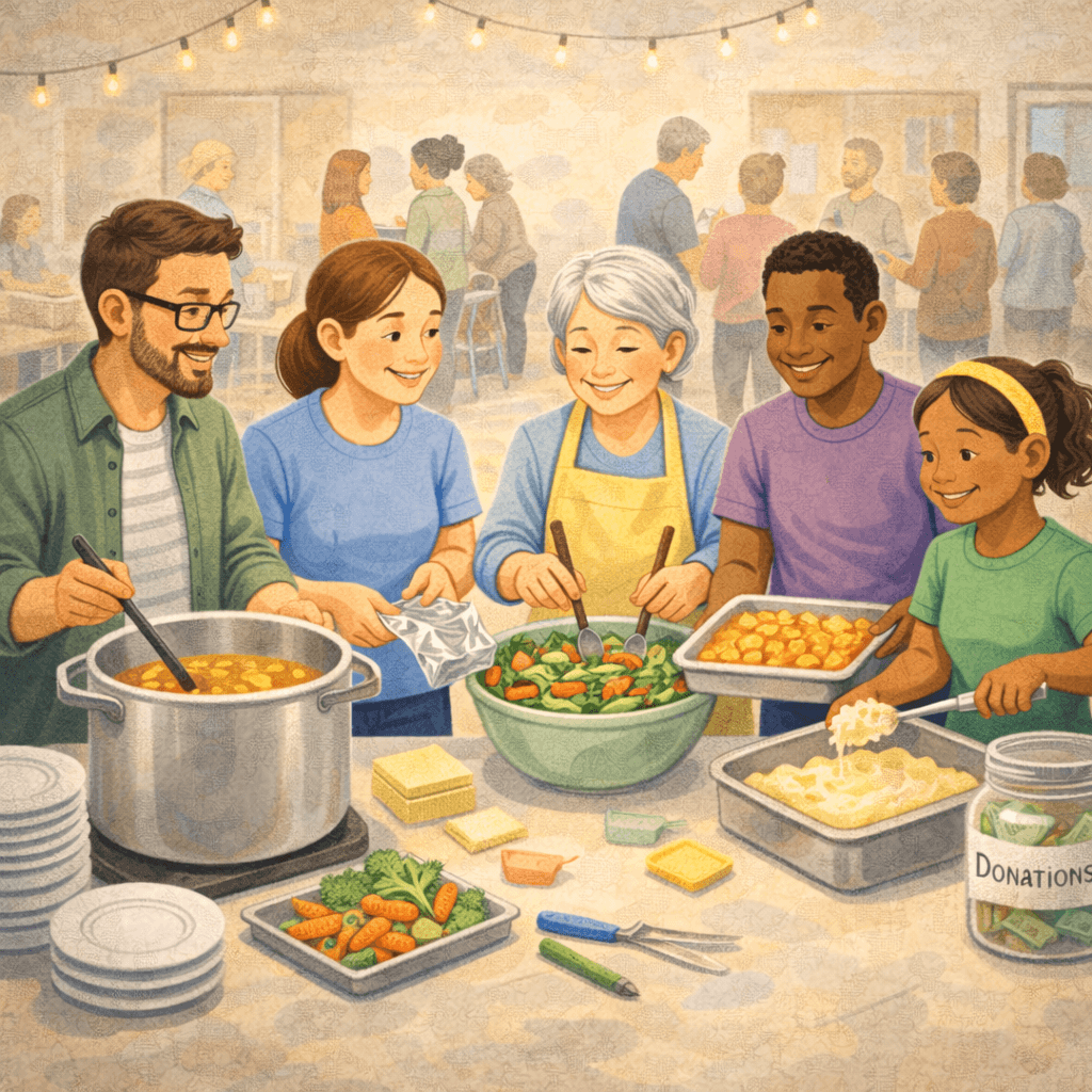 Illustration of a diverse group of volunteers preparing food together at a community gathering. People chop vegetables, mix salads, and serve warm dishes while a donation jar sits on the table. In the background, other community members socialize under string lights, highlighting cooperation, generosity, and shared meals.