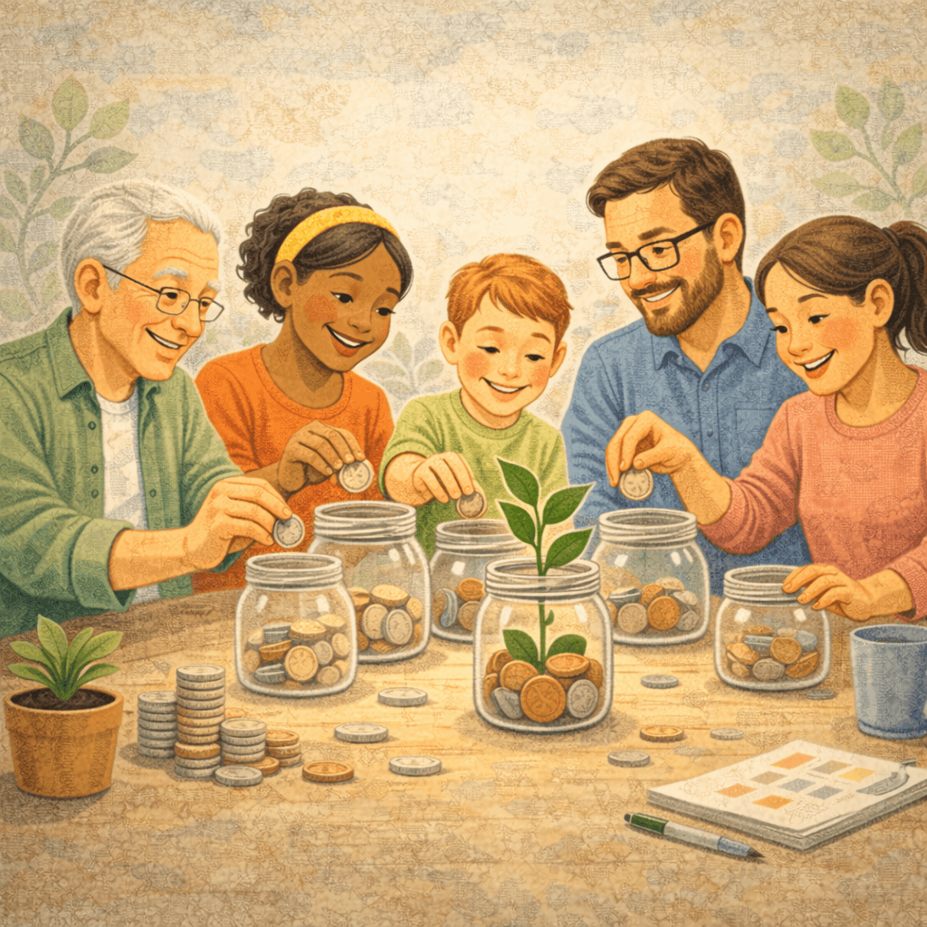 Illustration of a multigenerational group sitting together and placing coins into glass jars as part of a community savings or fundraising effort. Adults and children contribute small donations while a young plant grows from one jar, symbolizing collective support, shared responsibility, and the growth of community impact.