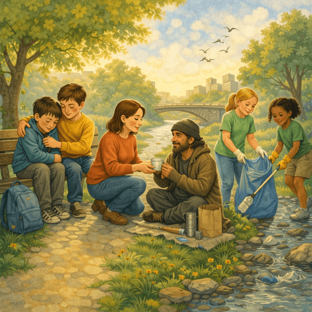 Illustration of a community scene in a park by a river, where children comfort each other on a bench, a woman offers a warm drink to a man in need, and two kids clean up litter nearby. Trees, a bridge, and city buildings appear in the background, highlighting compassion, support for vulnerable people, and environmental care.