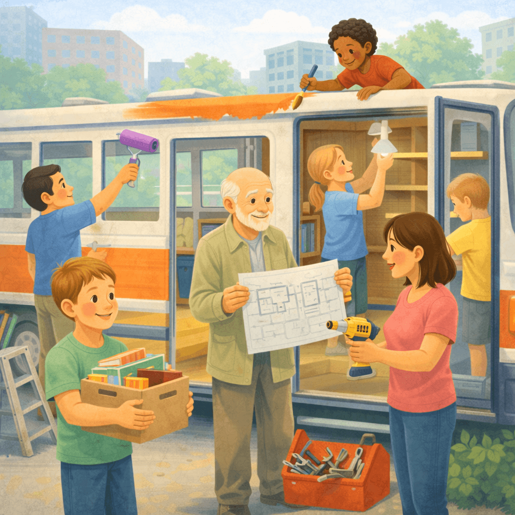 Illustration of a diverse group of volunteers renovating a mobile van together. Some people paint the exterior, others install shelves inside, while one person holds a blueprint and another uses a drill. A child carries a box of books nearby, highlighting teamwork, community effort, and transforming a shared space.