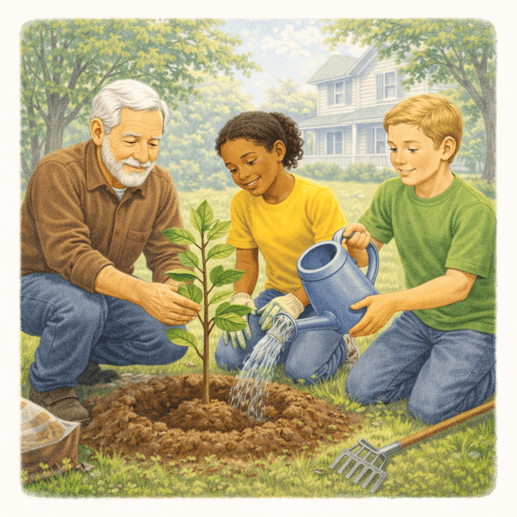 Illustration of an older man and two children working together in a garden, planting and watering a young tree. One child pours water from a watering can while the others gently support the plant, highlighting teamwork, learning, and caring for nature.