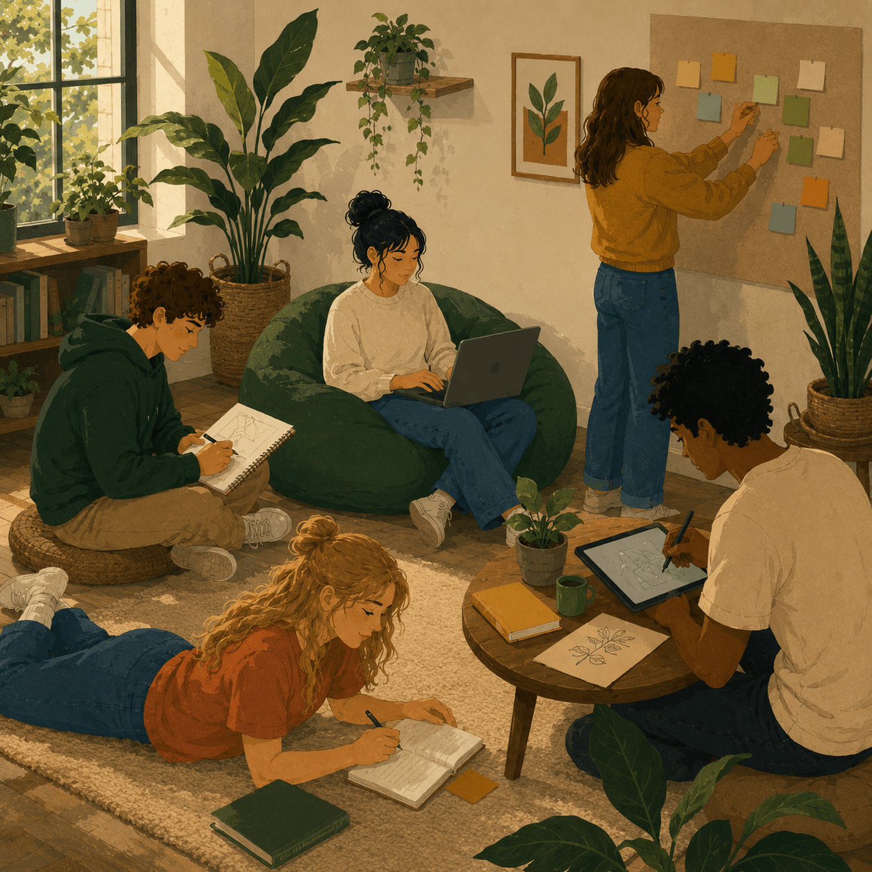 Illustration of a collaborative creative workspace where a diverse group of young people are working on ideas and project planning. One person organizes notes on a board, another works on a laptop, others sketch in notebooks and create digital designs on a tablet. Surrounded by plants, books, and natural light, the team is engaged in brainstorming, creativity, and community-focused project development.