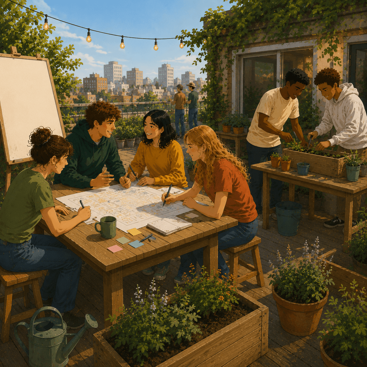 Illustration of a community rooftop garden where volunteers collaborate on urban greening and neighborhood improvement projects. A group of young people gathers around a table reviewing plans and brainstorming ideas, while others tend raised garden beds and care for plants. Surrounded by greenery and city views, the scene highlights teamwork, sustainable development, community engagement, and collective action in an urban environment.