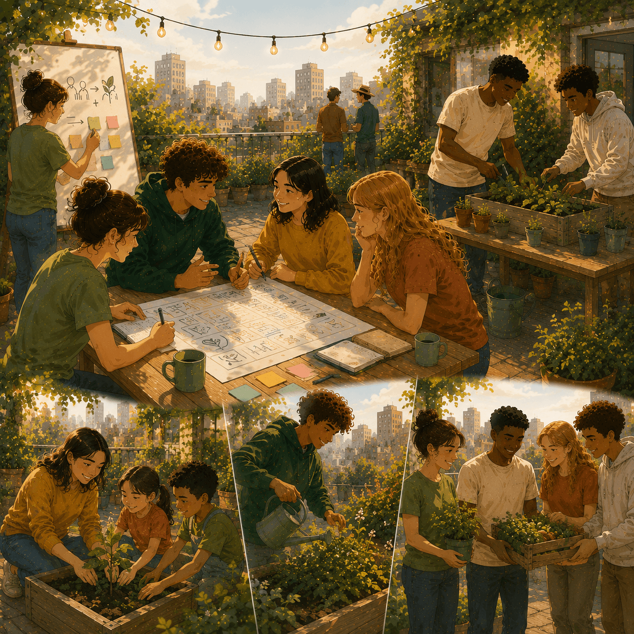 Collage-style illustration showing a community rooftop garden project from planning to action. In the main scene, volunteers gather around a table to brainstorm ideas, organize tasks, and develop plans while others care for raised garden beds. Smaller scenes show participants planting seedlings, watering plants, and harvesting produce together. Set against a city skyline, the artwork highlights collaboration, sustainability, community engagement, and the positive impact of collective action.