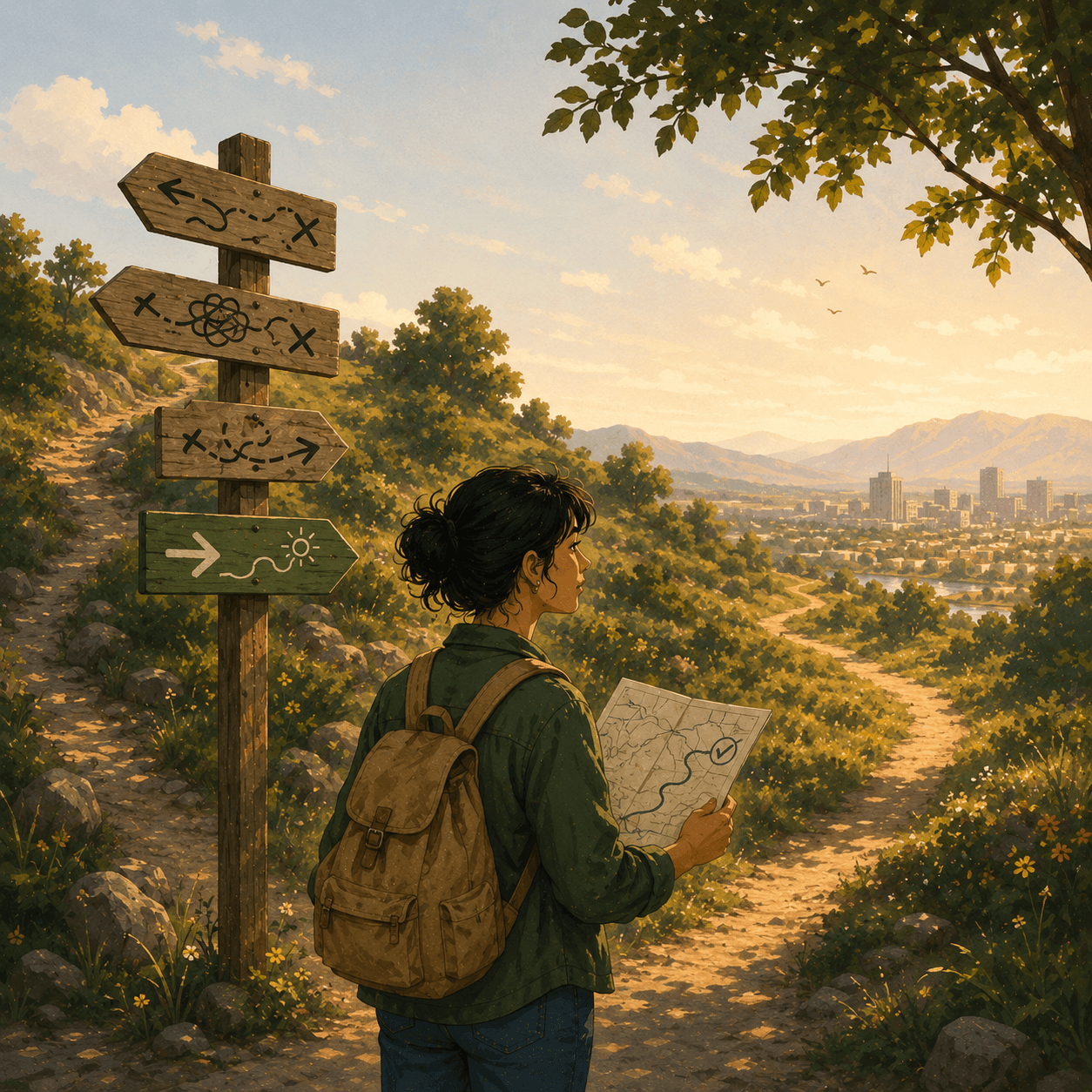 Illustration of a person standing at a fork in a scenic mountain trail, holding a map and considering different paths marked by directional signposts. The winding trails lead toward a distant city and mountains under a warm sunset sky. The scene symbolizes decision-making, goal setting, navigating uncertainty, and finding clarity on the path forward.