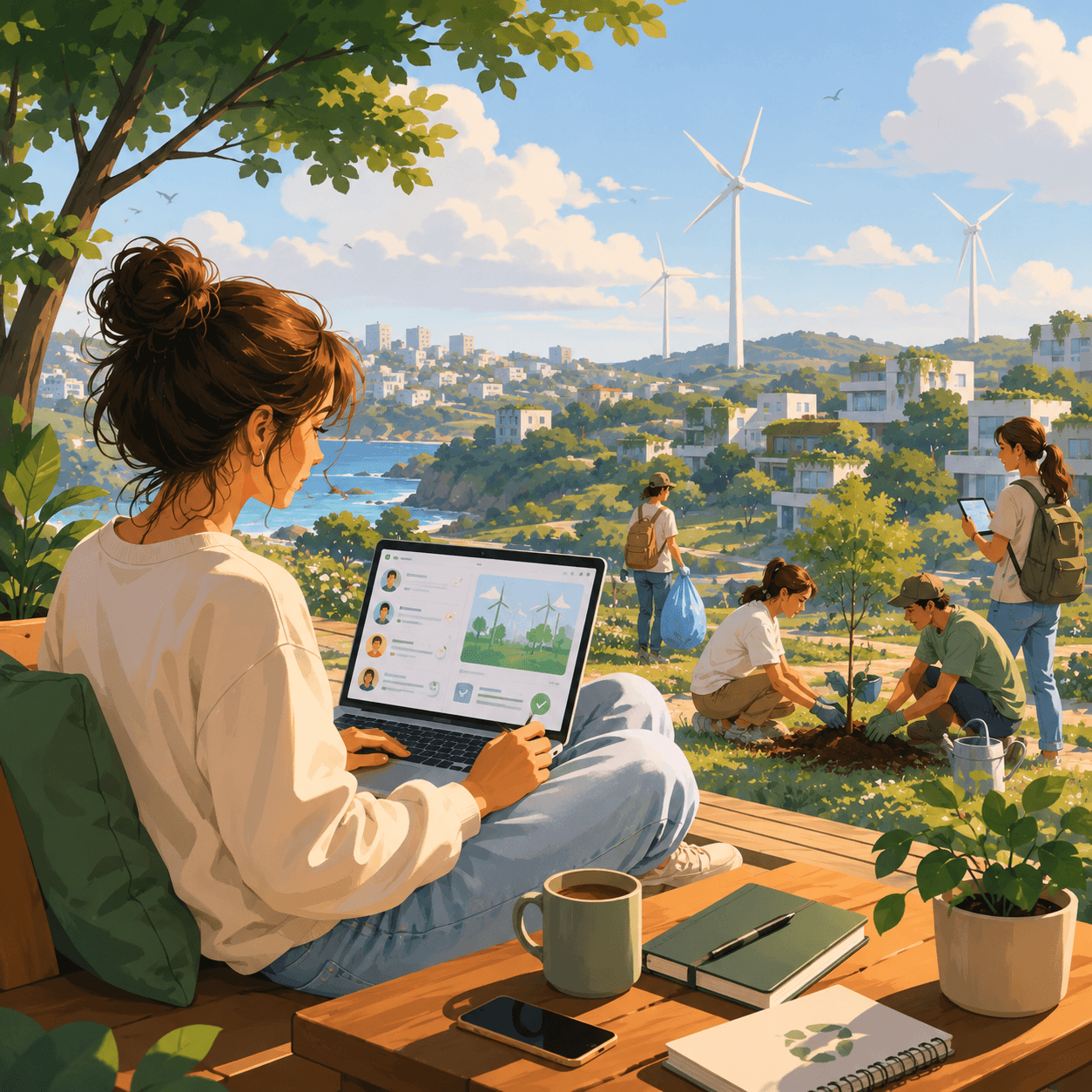 Illustration of a person using a laptop outdoors to coordinate a sustainability project while volunteers plant trees and care for green spaces in the background. The landscape features eco-friendly neighborhoods, renewable energy wind turbines, and lush natural surroundings. The scene highlights digital volunteering, environmental action, community engagement, sustainable development, and the connection between online coordination and real-world impact.