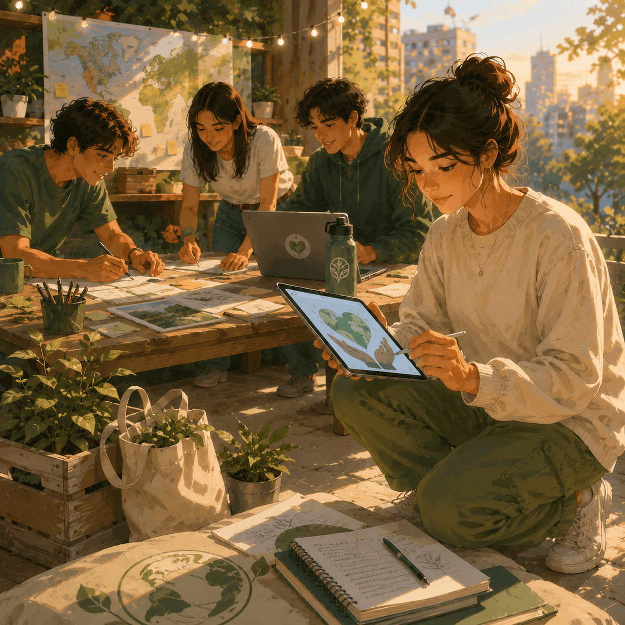 Illustration of a group of young people collaborating on an environmental sustainability project in an outdoor urban garden. One person uses a tablet to design eco-friendly initiatives while others work together around a table with maps, notes, and laptops. Surrounded by plants, gardening materials, and a city backdrop, the team combines digital tools and community planning to support environmental action, conservation, and positive social impact.