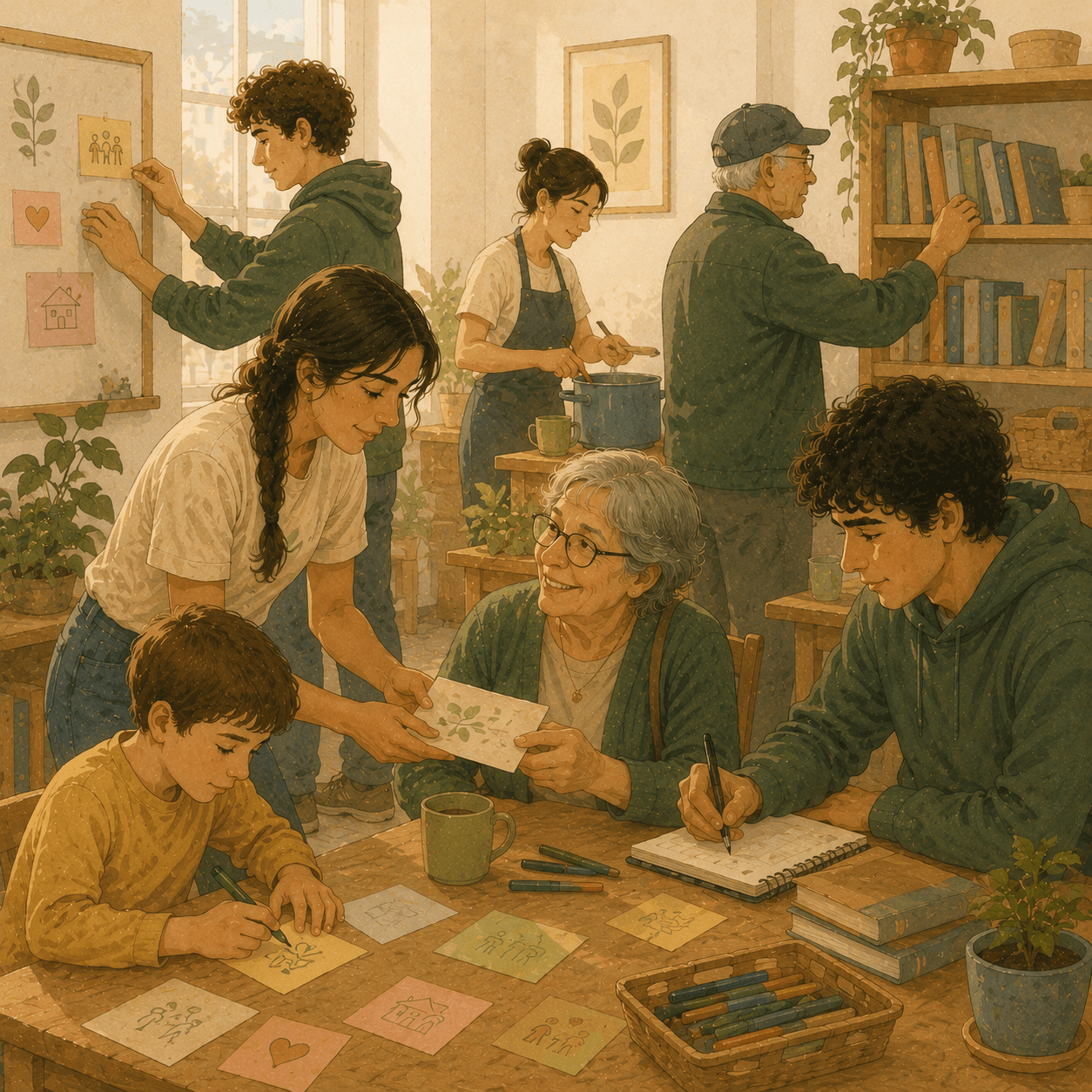 Illustration of a multigenerational community center where volunteers of different ages work together on creative and social activities. Young people and older adults write notes, create handmade cards, organize community ideas on a planning board, prepare food, and share conversations in a warm, welcoming space filled with books and plants. The scene highlights intergenerational collaboration, kindness, volunteering, community support, and meaningful social connection.