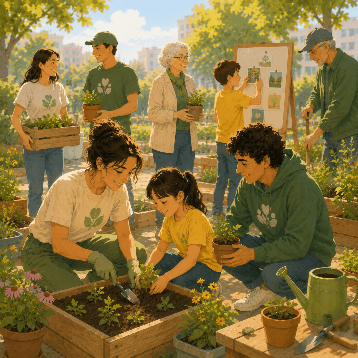 Illustration of a multigenerational community gardening event where children, young adults, and older volunteers work together to plant flowers and greenery in raised garden beds. Participants carry potted plants, help children with planting, share gardening tasks, and display nature-themed artwork on a community board. The bright outdoor setting highlights teamwork, environmental stewardship, community volunteering, and intergenerational connection.