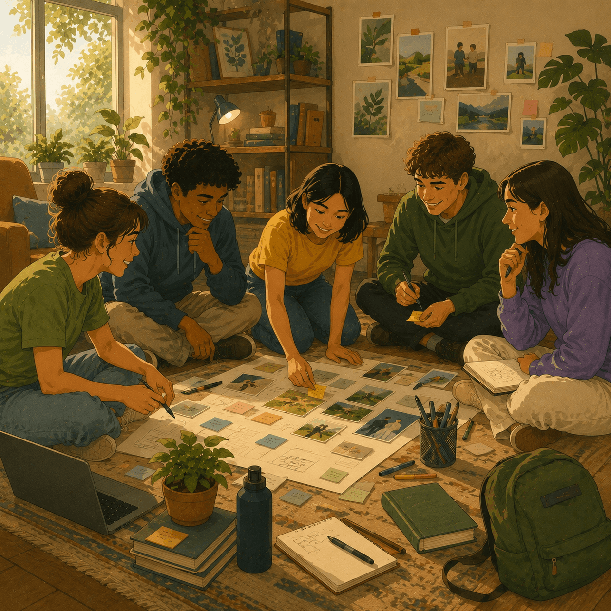 Illustration of five young people sitting together on the floor, collaborating around a large project board covered with photos, notes, and sketches. They discuss ideas, organize visual materials, and plan a community initiative in a warm, plant-filled room with books, notebooks, and creative workspace elements.