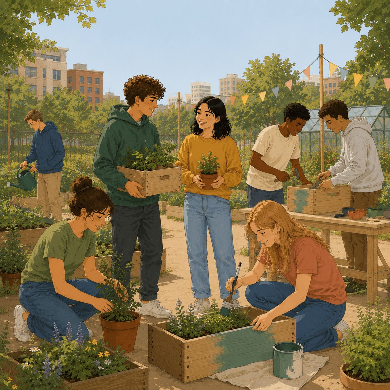 Illustration of a group of young volunteers working together in a community garden, planting flowers, painting raised garden beds, watering plants, and preparing greenery. The outdoor scene shows teamwork, environmental stewardship, and community engagement in an urban green space.