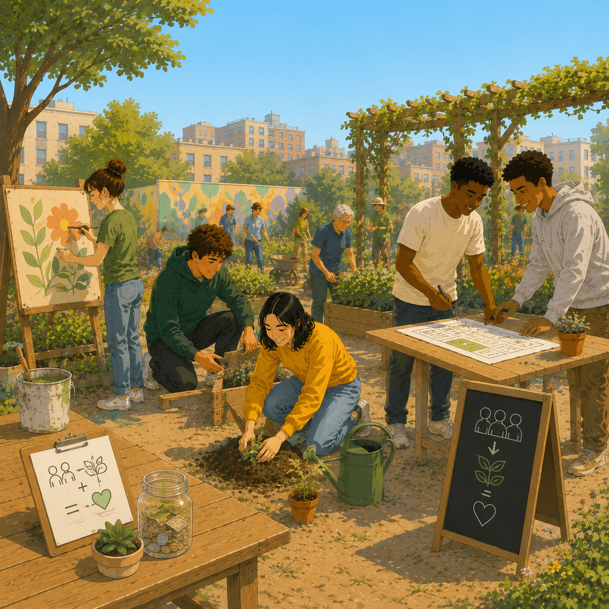 Illustration of a diverse group of community members collaborating in an urban garden project. Volunteers are planting seedlings, building raised garden beds, painting community artwork, reviewing site plans, and caring for green spaces. The scene highlights teamwork, environmental stewardship, local engagement, and collective action to improve a shared community space.