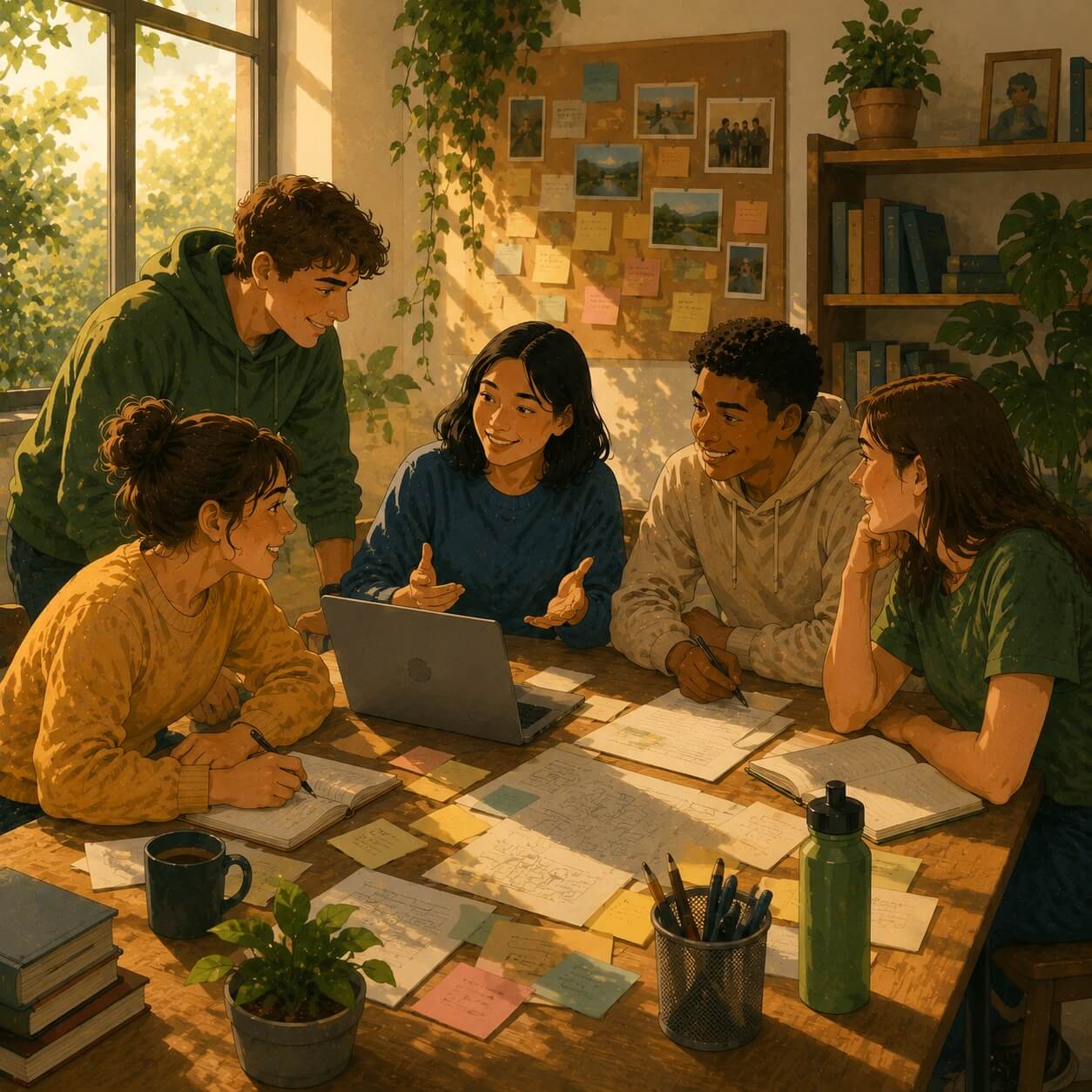 Illustration of five young people gathered around a table, collaborating on a project with a laptop, notebooks, sketches, and sticky notes. The group is engaged in discussion and planning in a warm, sunlit room filled with plants, books, and community inspiration boards.
