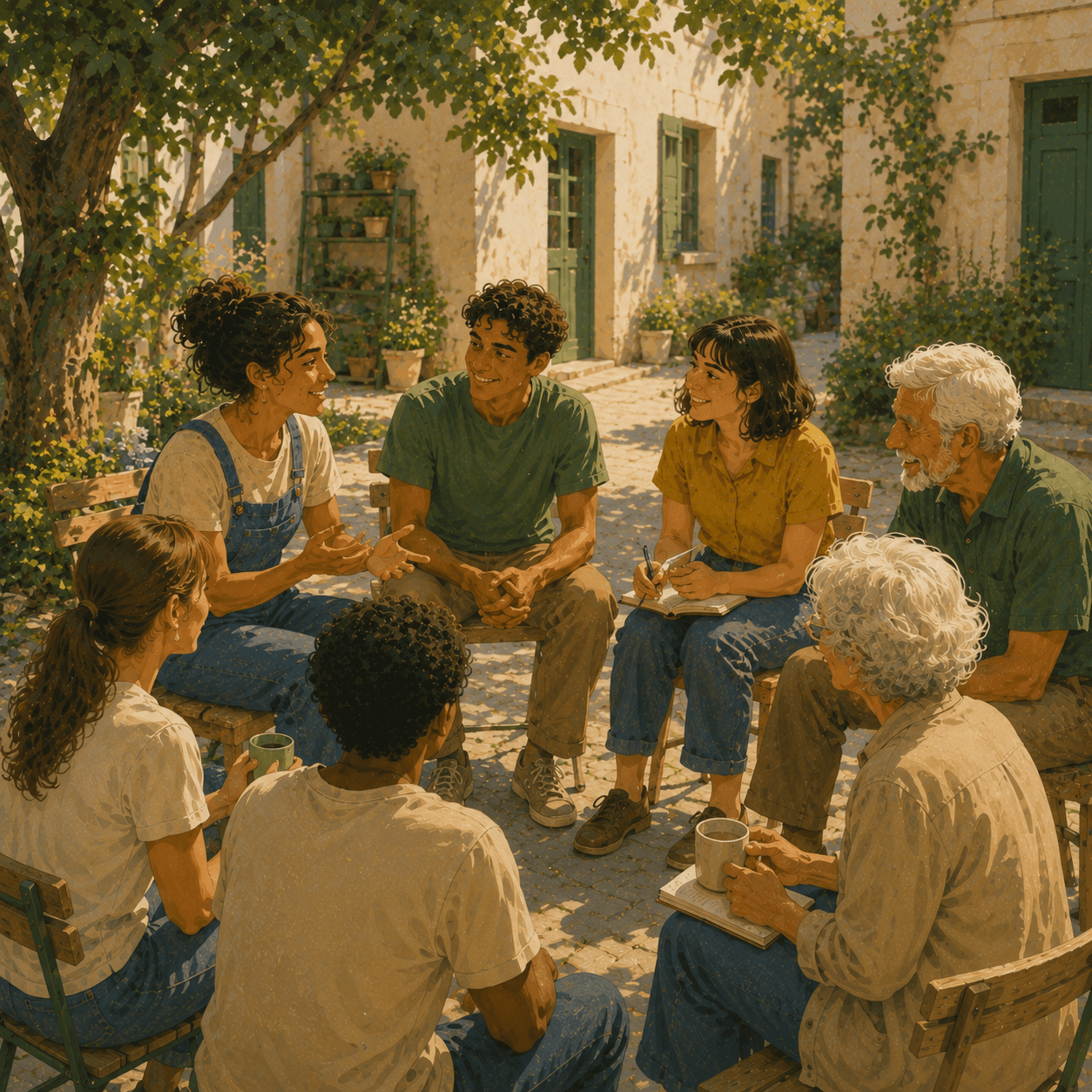 Illustration of a diverse group of community members of different ages sitting together in a sunny courtyard and discussing ideas. Participants listen, share perspectives, take notes, and talk over coffee in a relaxed setting, highlighting inclusive dialogue, mutual respect, community engagement, and collaborative decision-making.
