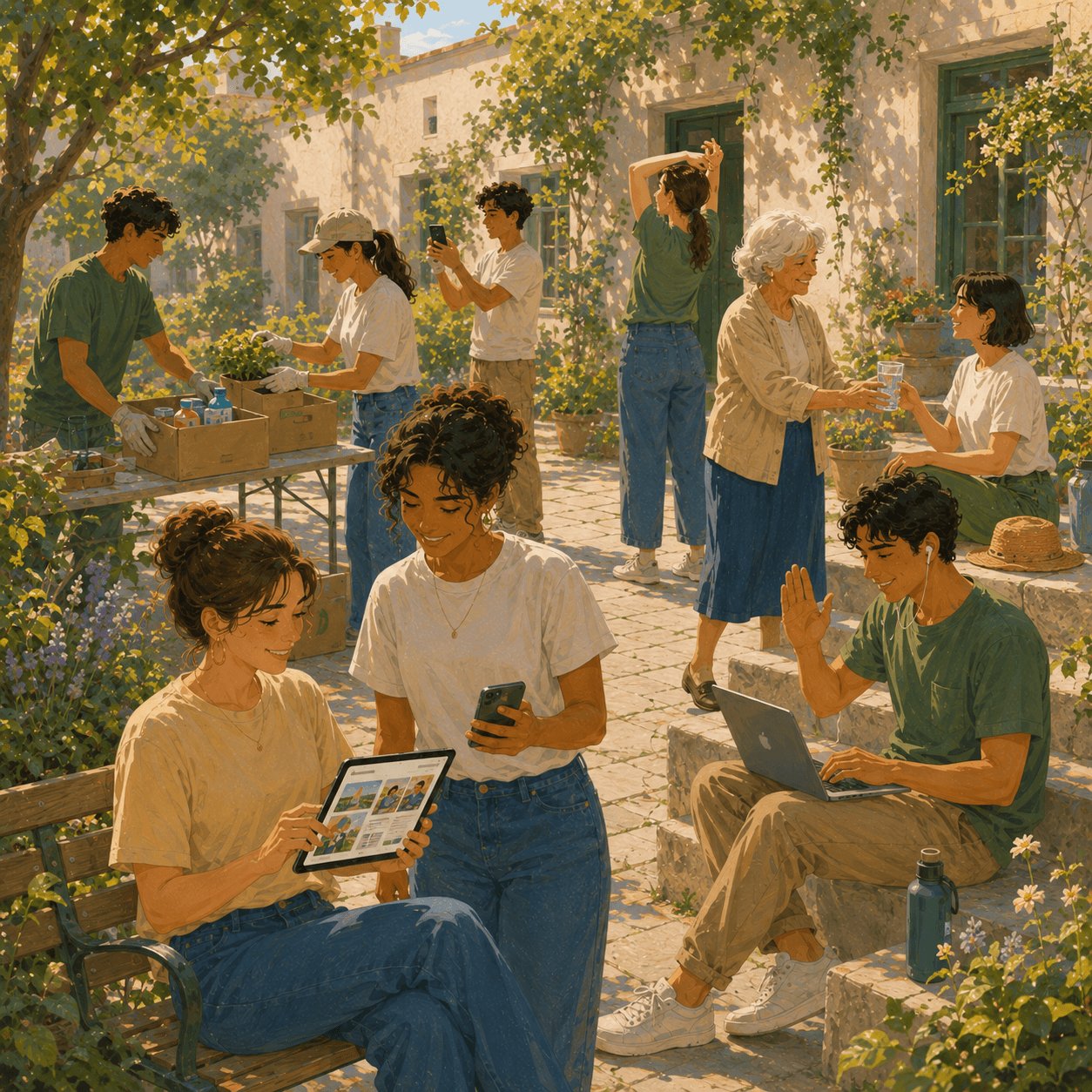 Illustration of volunteers and community members connecting in a sunny shared courtyard. People organize donated supplies and plants, use smartphones, a tablet, and a laptop to coordinate activities, document progress, and communicate online, while others talk and exchange support. The scene highlights digital volunteering, community engagement, collaboration, and accessible ways to participate both online and in person.
