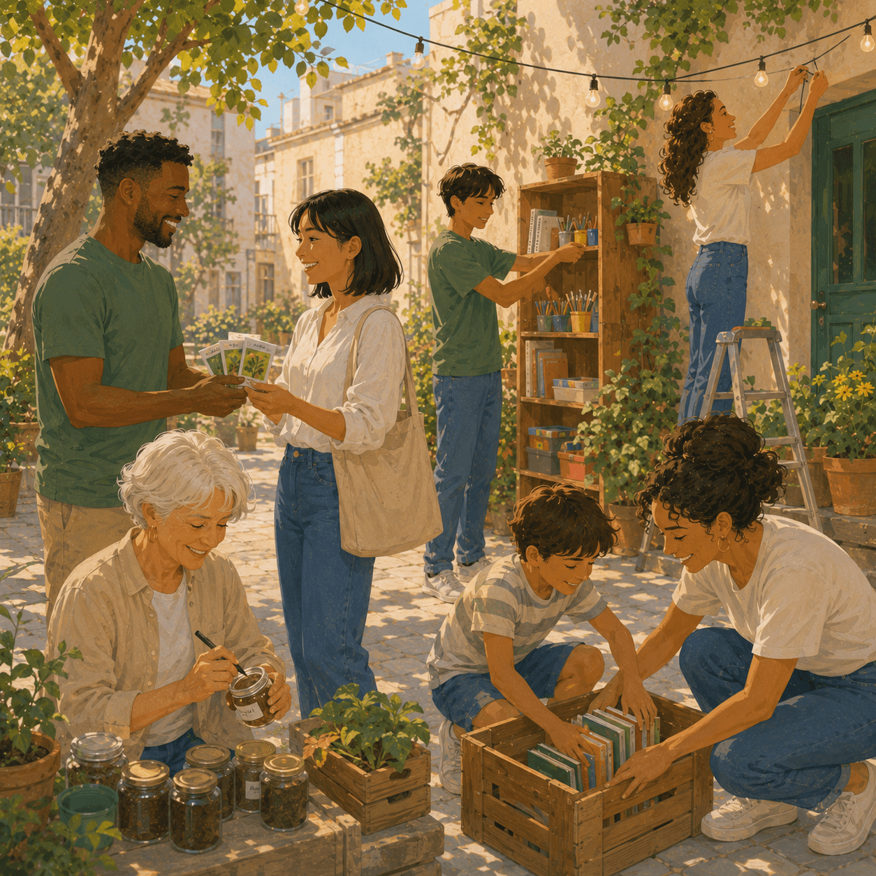 Illustration of a multigenerational community working together in a sunny shared courtyard. Volunteers exchange seed packets, organize books and supplies, label jars, arrange a community shelf, and help a child sort books into a wooden crate, highlighting cooperation, resource sharing, and local community engagement.