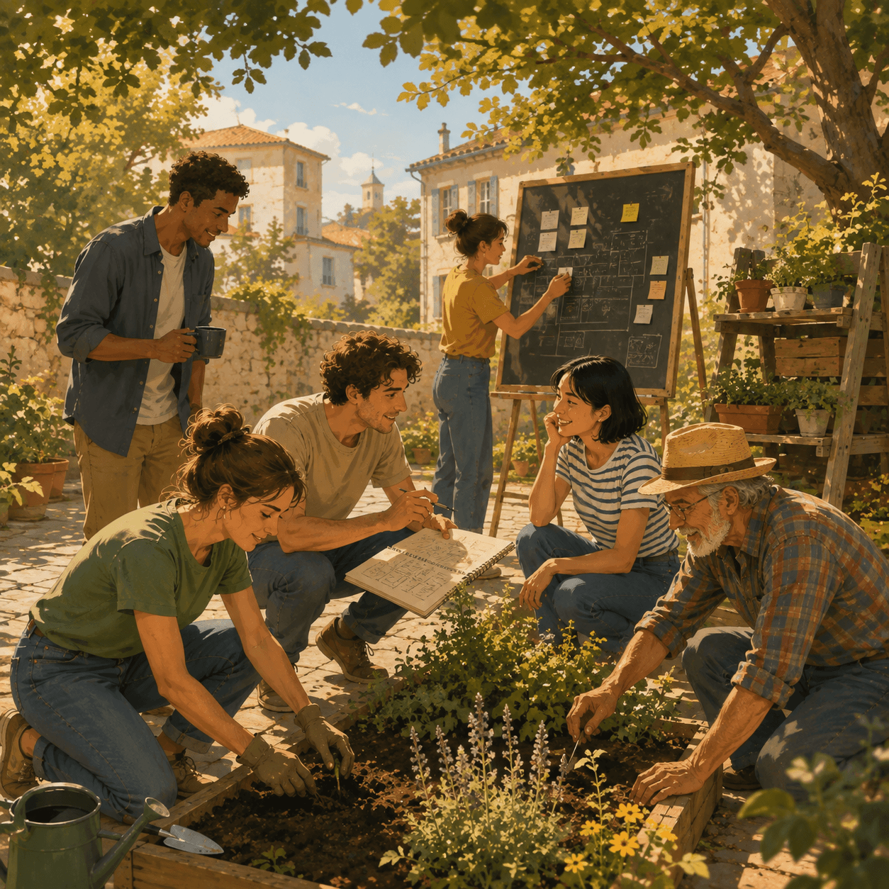 Illustration of a diverse group of neighbors planning and working together in a sunny community garden. Some participants discuss ideas and organize notes on a planning board, while others plant and tend a raised flower bed, representing collaborative community action and shared decision-making.
