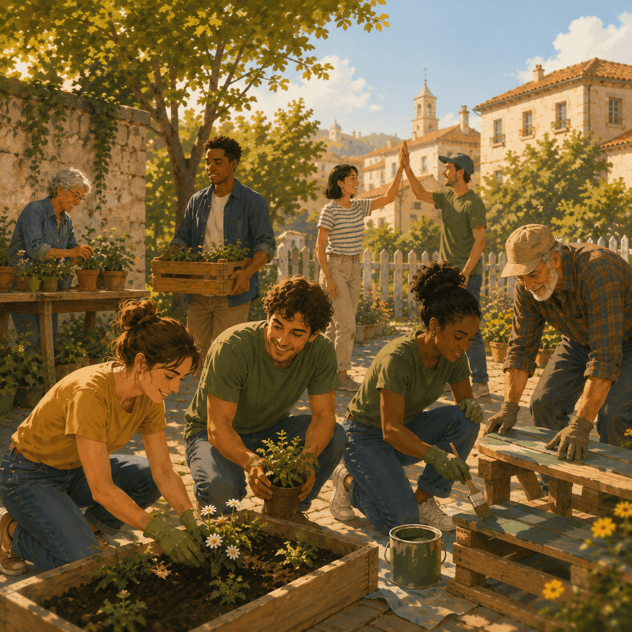 Illustration of a diverse, multigenerational group of volunteers improving a sunny community garden. People plant flowers, carry seedlings, arrange potted plants, and paint a wooden bench, while two volunteers celebrate with a high-five in the background.