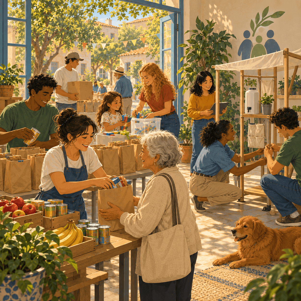 Illustration of a diverse, multigenerational community working together in a bright neighborhood space, packing food and essential supplies, distributing care packages, organizing a community station, and helping local residents, with a child participating and a dog resting nearby.